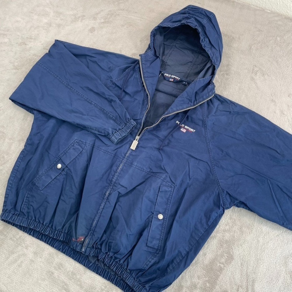 Vintage Polo Sport Ralph Lauren Hooded Jacket in Blue Men Large SpellOut US Flag